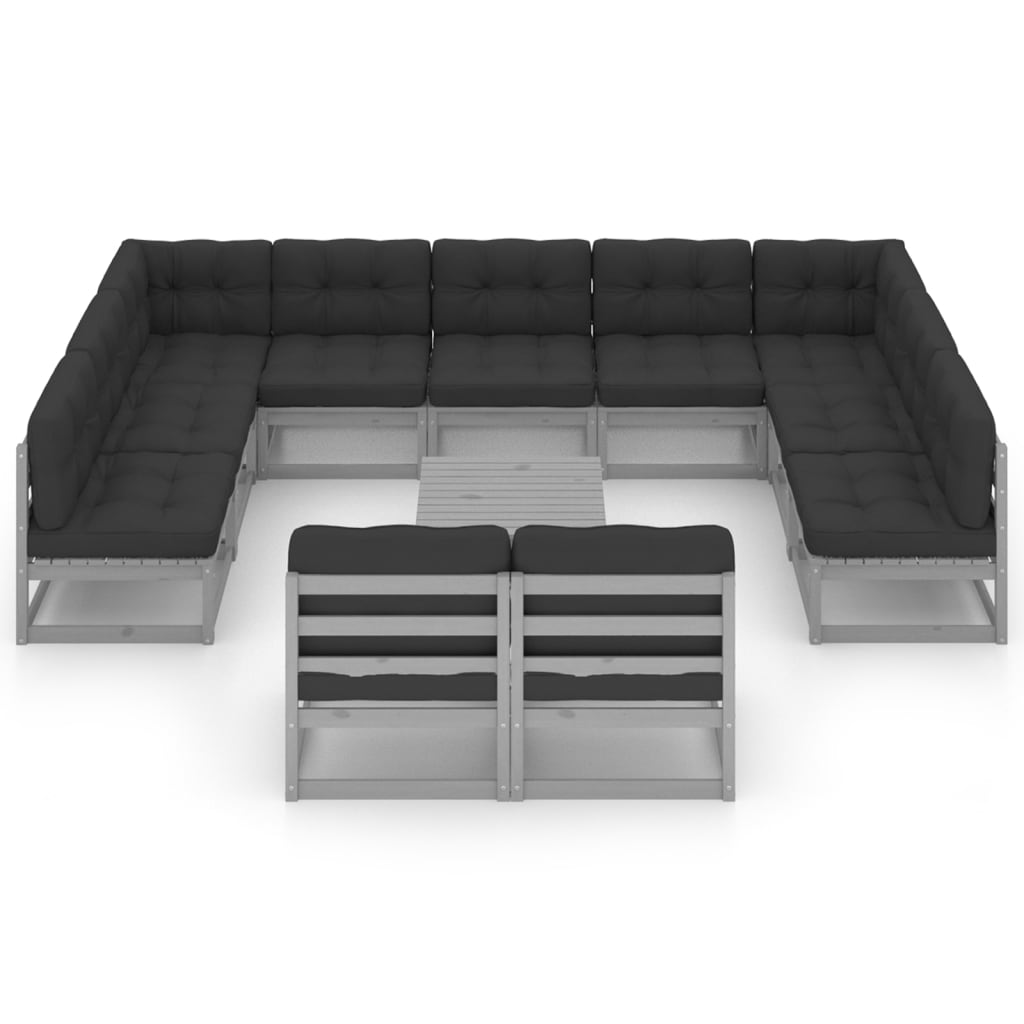 12-tlg. Garten-Lounge-Set mit Kissen Grau Kiefer Massivholz